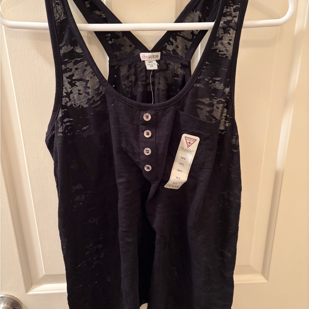 GUESS Black Racerback Henley Tank with Button Placket